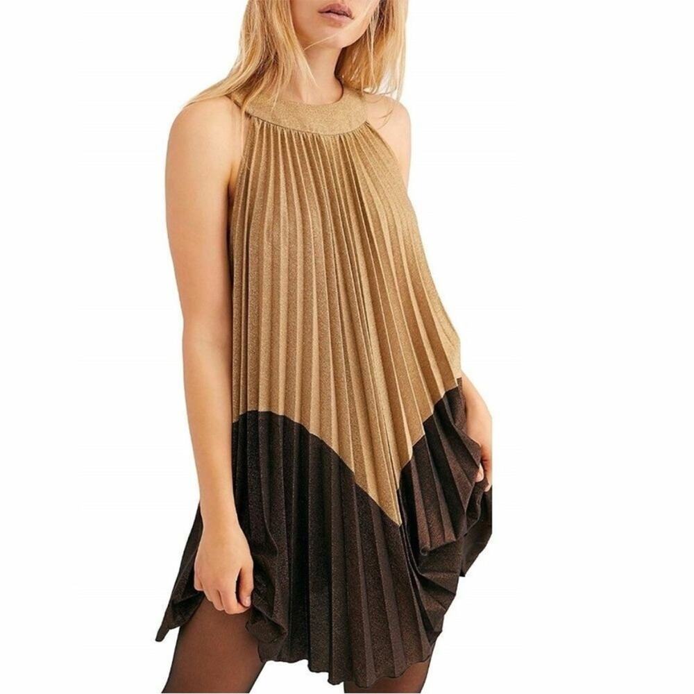 Free People Gold and Black Pleated Halter Swing Dress